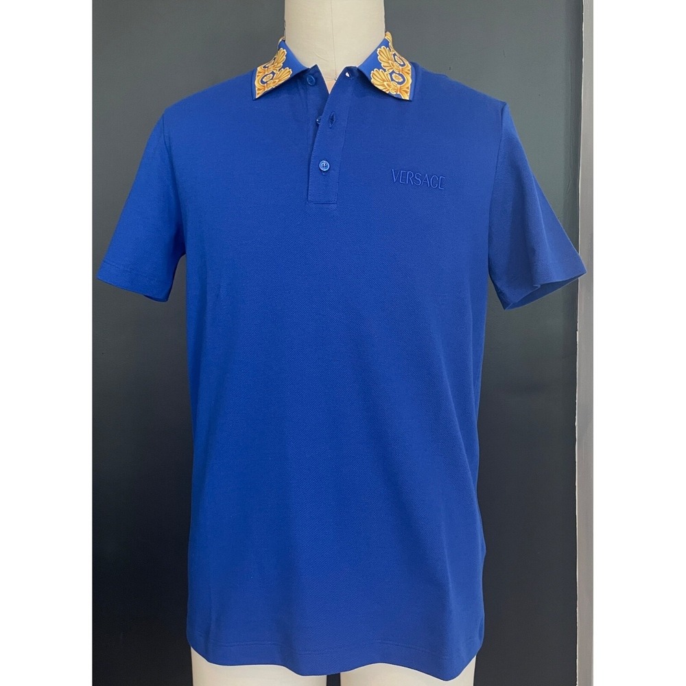 VERSACE New Blue Heritage Print Pique Polo Shirt, Size S